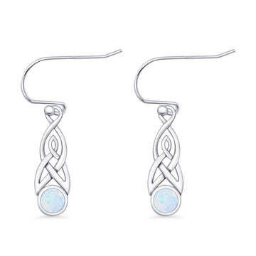 Round Lab Created White Opal Trinity Dangle Fishhook Earring 925 Sterling Silver